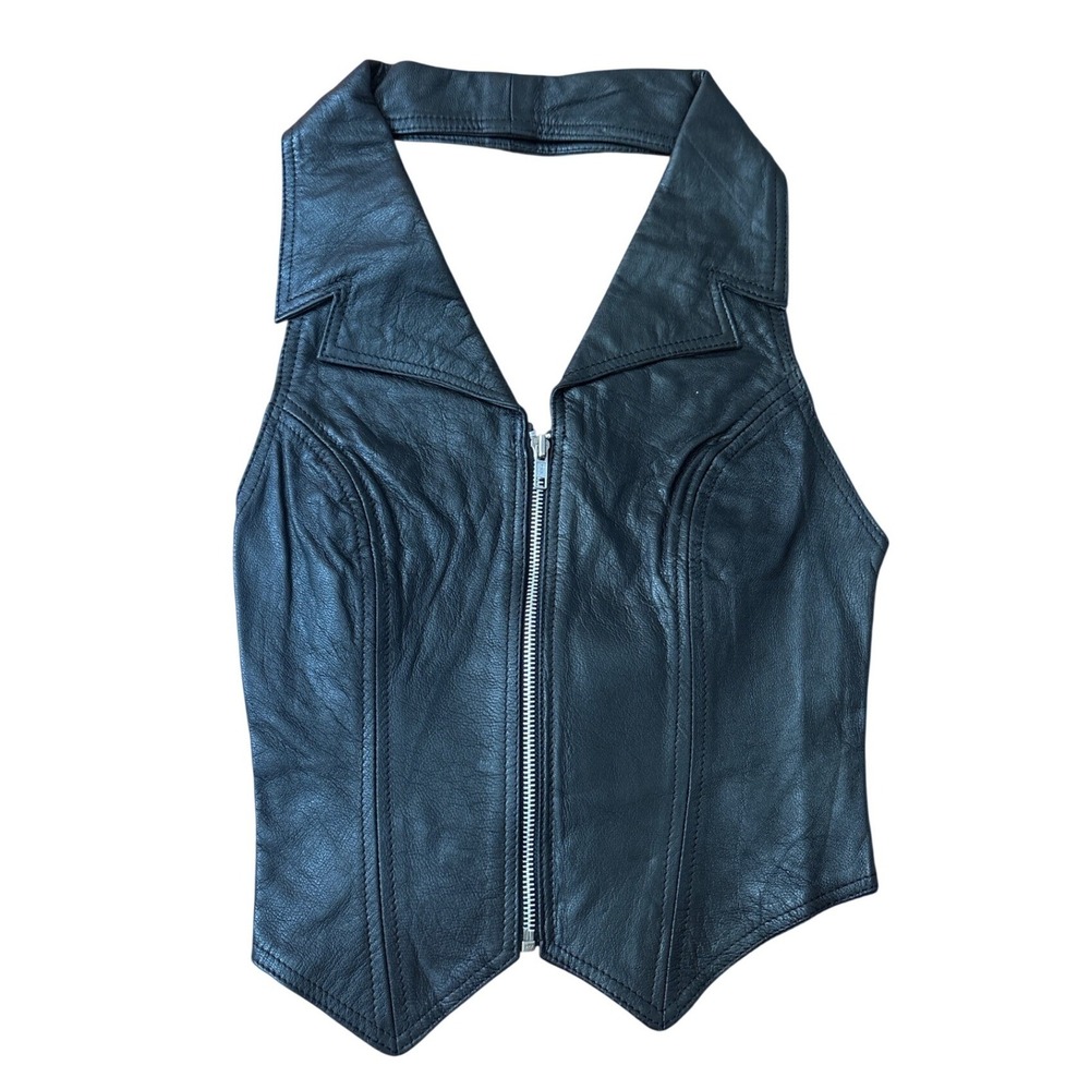Unik Premium Leather Halter Vest Women Black Biker Zip Front NWT SIZE XS